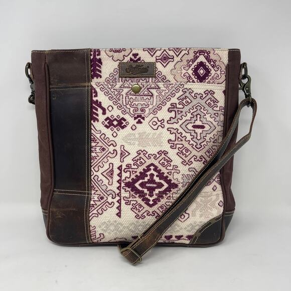 Sixtease Amythest Purple Cream Printed Canvas Brown Leather Large Crossbody Bag - Picture 1 of 10